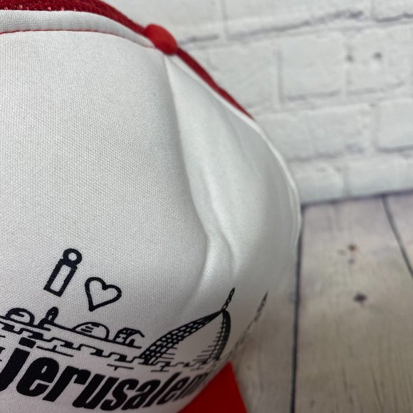 Vintage Trucker Hat Mesh Cap Snapback Red White I Love Jerusalem Graphic Print - Picture 7 of 9